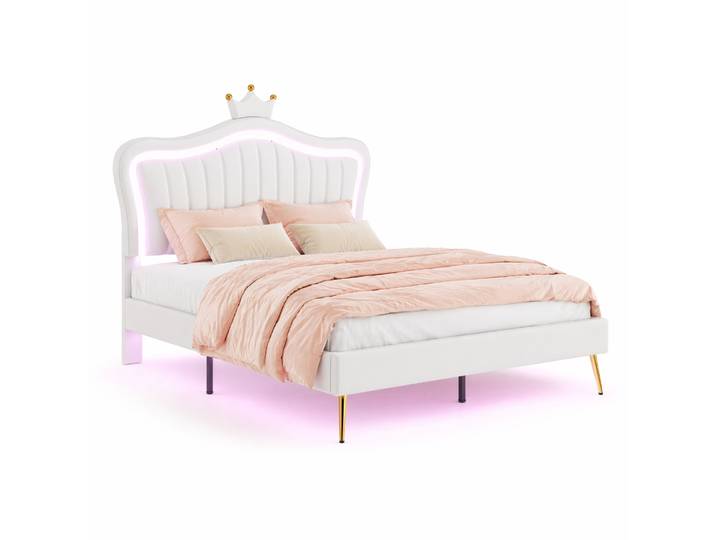 Lit Enfant 140×200 Cm\, Lit Double Avec Led Réglable Et Tête De Lit Réglable\, Sans Matelas\, Blanc
