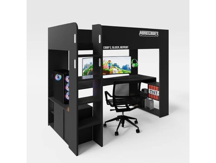 phoenix group AG Minecraft - Kojenbett, Hochbett, Gamingbett 120x90cm, mit Leiter, Schreibtisch und Stauraum, Schwarz Carbon Optik