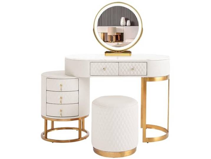 Schminktisch Set, Kosmetiktisch mit Spiegel und Hocker, Frisiertisch mit 5 Schubladen, Make-up Tisch für Schlafzimmer, Weiß, Holz und Metall