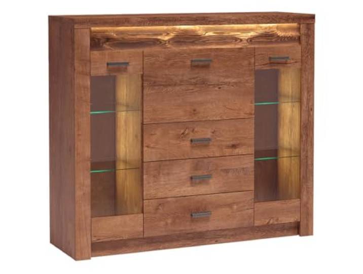 Mirjan24 Barschrank Indiano I-08 mit 3 schubladen, Barkommode, Highboard, Getrönkeschrank, Schrank mit Getränkefach (Esche Hell, mit warmweißer LED-Beleuchtung)