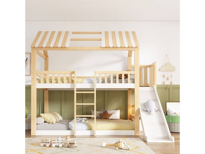 Lit superposé pour enfants 90x200cm lit mezzanine avec étagère de rangement et toboggan conforme aux normes EN 747 non matelas