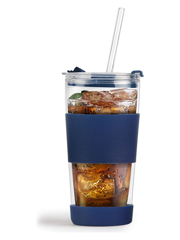 Vialli Design Thermoglas mit Trinkhalm in Dunkelblau - 600 ml - onesize