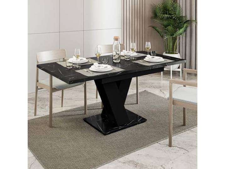 MALVI Esstisch ausziehbar 120-160x80 cm Schwarz Marmoroptik, Küchentisch Esszimmertisch für 4–6 Personen, ausziehbar von 120 auf 160 cm, V-Gestell, Platte in schwarzer Marmoroptik