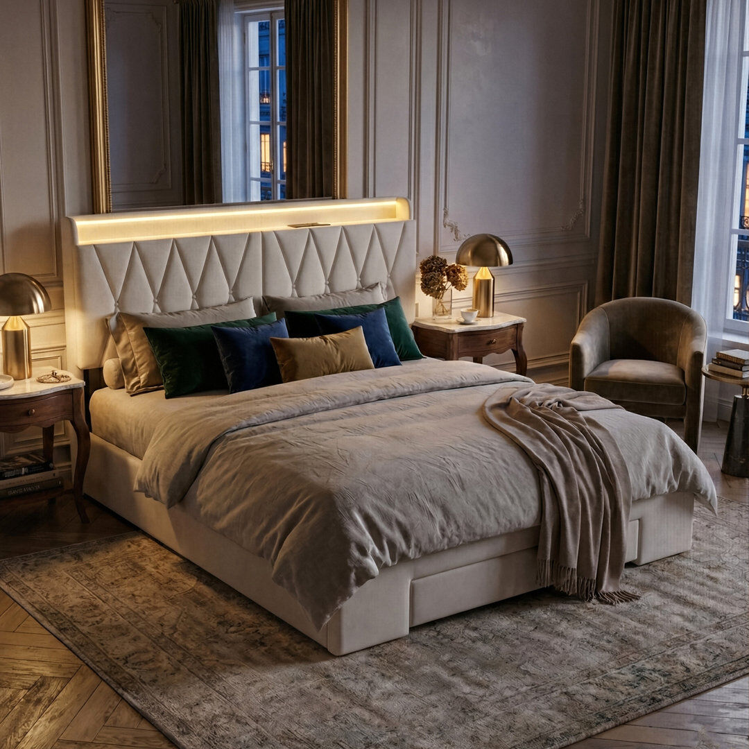 Canora Grey Beige Velvet Storage Bed With 3 Drawers, LED Storage Headboard & USB-C Charging, European Double (140X200cm) & King (160X200cm) Beige European Kingsize (160 x 200 cm)