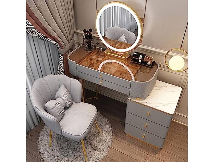 KUMIAO Schminktisch mit Spiegel & Hocker & Seitenschrank, Frisiertisch mit Schubladen, Modern Kosmetiktisch für Schlafzimmer