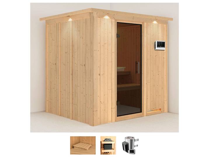 Sauna KARIBU Dima , beige (naturbelassen), Saunaofen, externe Steuerung, 3,6 kW, Saunen, Sauna, Ofen 3,6 kW externe Strg.easy
