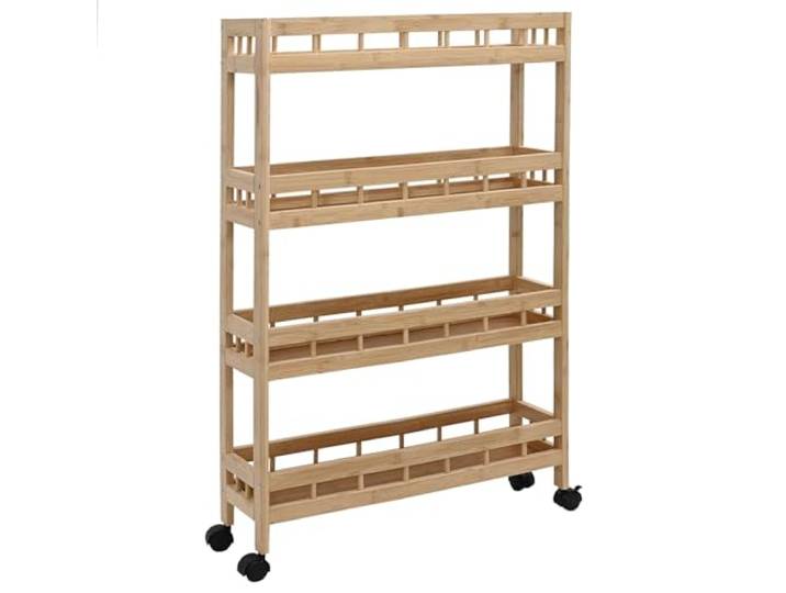 HFXHIJXQ Küchenwagen Bambus Nischenwagen4 Etagen Rollwagen 60x18x97 cm Schmaler Servierwagen aus Natur-Bambus mit 4 Ablagen und Rollen, ideal für enge Nischen in Küche und Esszimmer.