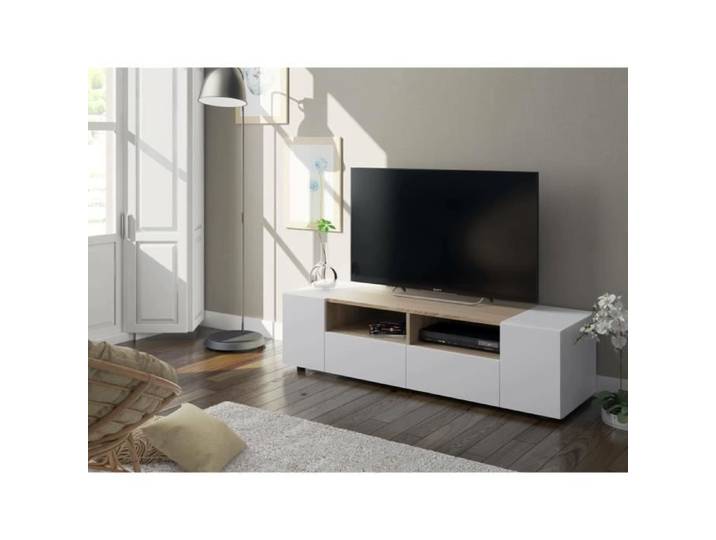 Dmora - Support TV Topeka Buffet TV salon Meuble de télévision moderne Buffet bas polyvalent 138x42h36 cm Blanc et Chêne