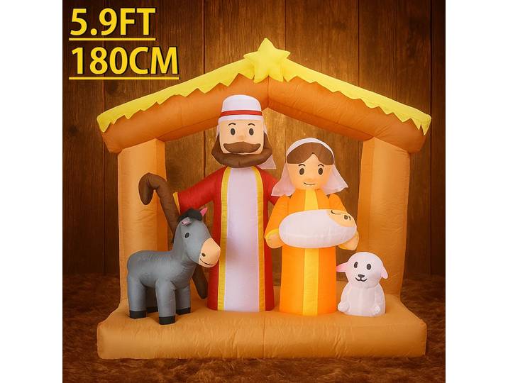 Jouet de noël gonflable de 5,9 pieds, décor de scène de nativité avec LED, décor de cour de noël, sainte famille, âne, agneau, cadeau d'ornement de maison de noël