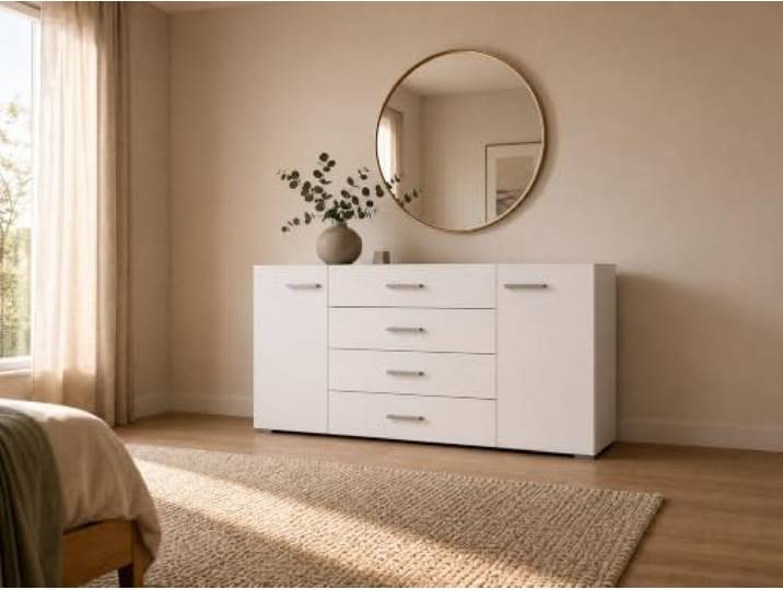 Elvora DESIGN. Kommode Weiß MODERA, Schrank 4 Schubladen und 2 Tür Minimalistisch, Skandinavisch, Griffe in Metalloptik, Inbusschlüsselsatz, Wohnzimmer, Schlafzimmer, Stabile Konstruktion