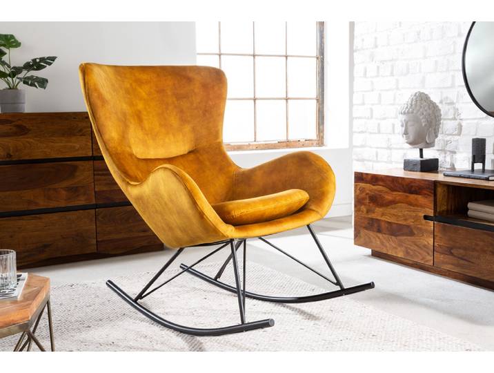Design Schaukelstuhl SCANDINAVIA SWING senfgelb Samt Sessel Polsterstuhl Scandinavisch