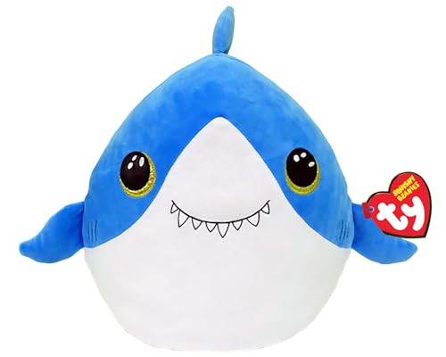 Ty Squishy Beanie Finsley de haai - Zacht pluche knuffelkussen met glitterogen - 22 cm