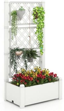 Costway Outdoor Planter Box Self-Watering Raised Garden Bed Trellis with Water Level Indicator-Greyish-white