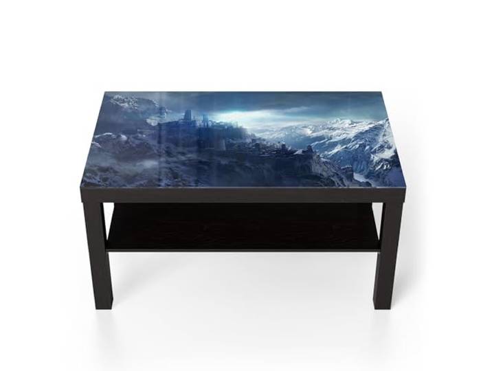 DEQORI Glastisch schwarz groß 90x50 cm Motiv Gipfel der Zukunft ausgefallener Beistelltisch aus Glas Hochglanz Couchtisch fürs Wohnzimmer moderner Couch Tisch mit Design