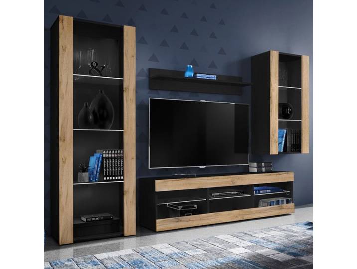 Meuble TV Tivoli Set Medio Komodee - sans LED - Bois naturel Mat et Noir - 195x159x35 cm