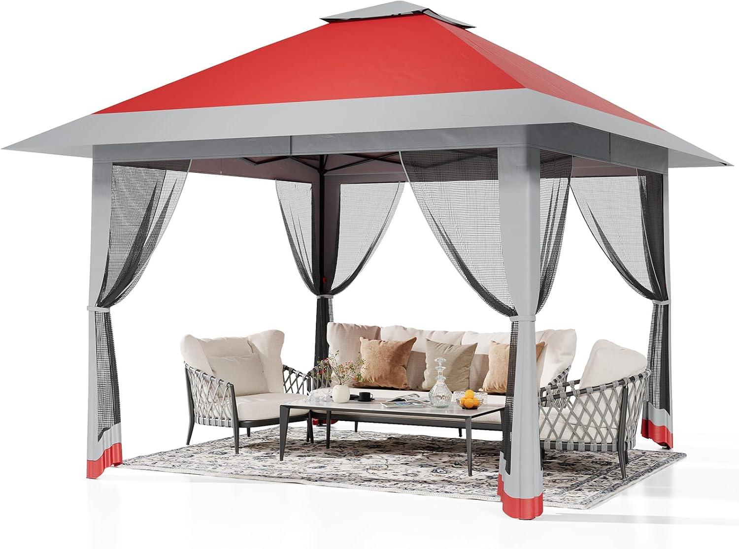 Höhenverstellbarer Gartenpavillon 3 x 3, wasserdicht und windfest, mit UV-Schutz 50+, Mückenschutznetz sowie einfachem Aufbau und tragbarer Ausführung für Partys, Grillabende und Familienfeiern