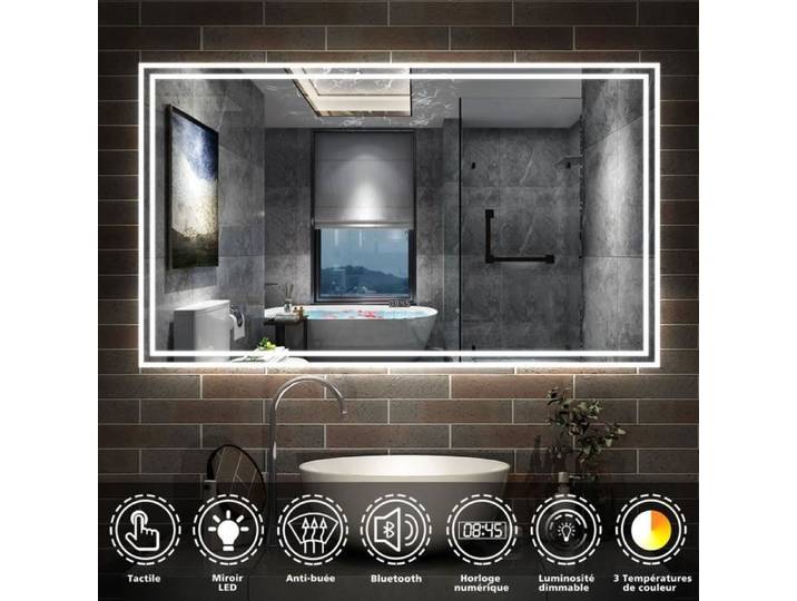 AICA Miroir de salle de bain Bluetooth 160x80 cm tricolore + horloge + mémoire + dimmable + anti-buée IP44 Miroir LED