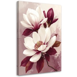LEINWANDBILD, Weiße Magnolien mit burgunderroten Blättern auf einem pastellfarbenen Hintergrund