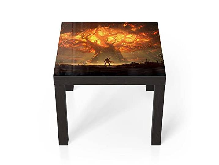 DEQORI Glastisch schwarz klein 55x55 cm Motiv Brennender Weltenbaum WoW ausgefallener Beistelltisch aus Glas Hochglanz Couchtisch fürs Wohnzimmer moderner Couch Tisch mit Design