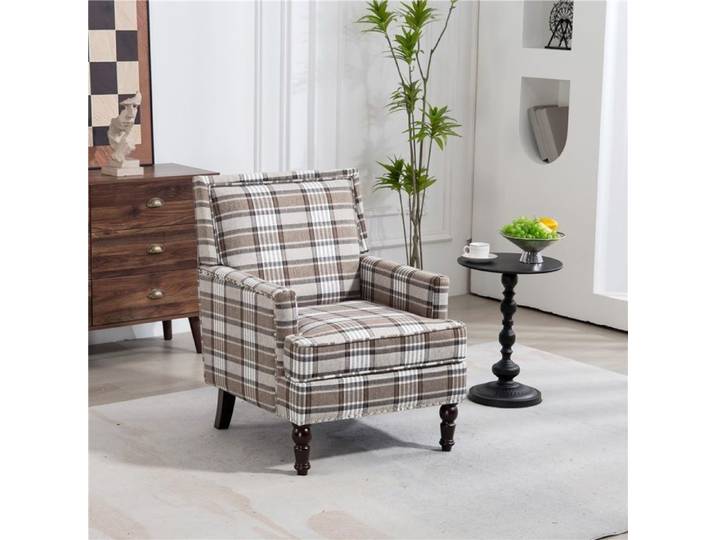 Fauteuil accent moderne-rétro en lin naturel brun garniture cloutée élégante