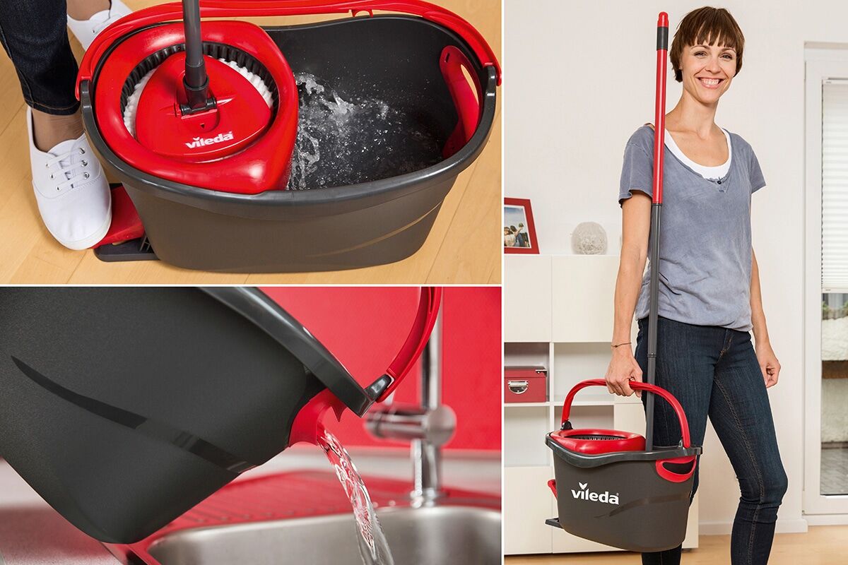 Bodenwischer-Set VILEDA "Turbo Easy Wring & Clean", bunt (schwarz, rot, weiß), L:130cm, Kunstfaser, Kunststoff, Reinigungs-Sets, Bodenwischer-Set, ideal für Laminat, Parkett, Fliesen