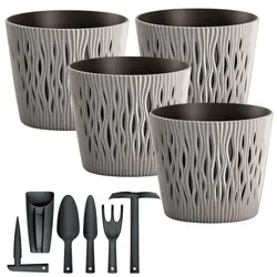 Prosperplast - Set aus 4 runden Blumentöpfen 3 L aus Kunststoff in Grau, 18,9x18,9x16,5 cm mit 6-teiligem Gartengeräte-Set Sandy