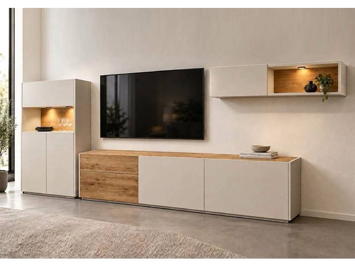 Wohnwand 'Novera' Wildeiche massiv & MDF creme inkl.Beleuchtung
