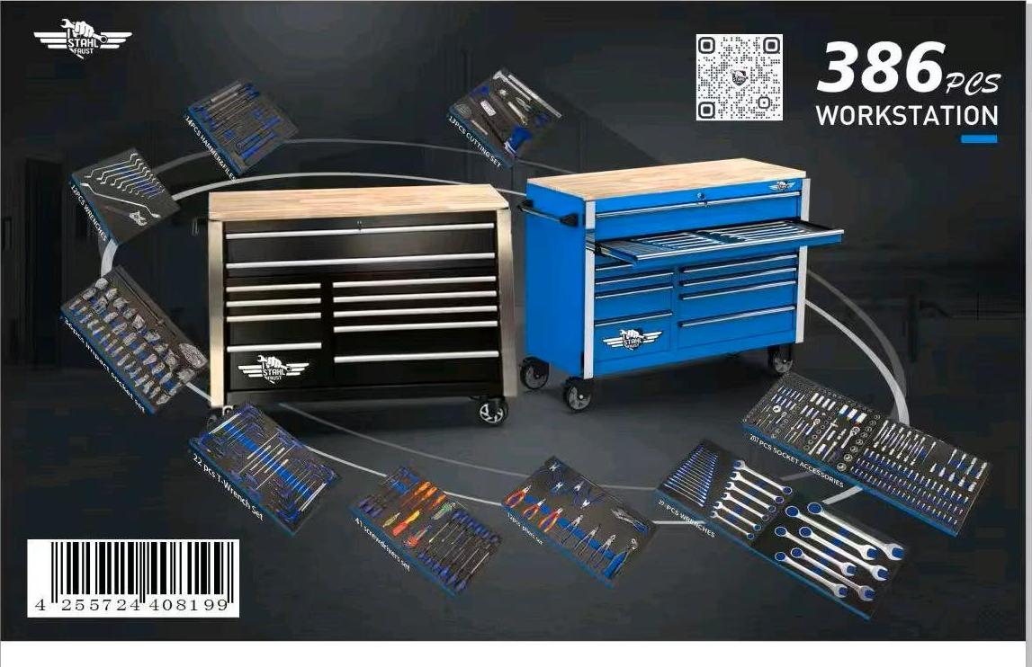 Werkstattwagen, 11 Schubladen, davon 9 bestückt, Serie Jumbo, schwarz