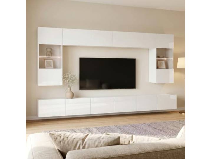Lomadox Wohnwand Anbauwand weiß Hochglanz 6-teilig Modern, mit 2 TV-Lowboards, 2 Hängevitrinen mit Beleuchtung, 2 Hängeschränke