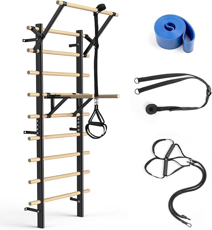 Sprossenwand mit Klimmzugstange & Dip-Barren - 220 cm Home Klettergerüst aus Buchenholz zur Wandmontage - Max. 250 kg belastbar - Für Krafttraining, Calisthenics & Reha bei Erwachsenen & Kindern