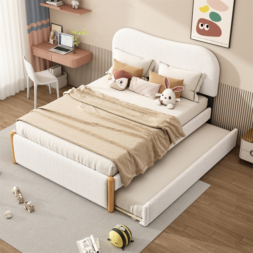 Jugendbett 140*200cm Flachbett, gepolstert, mit praktischem ausziehbares Rollbett, minimalistische Formgebung, weiß
