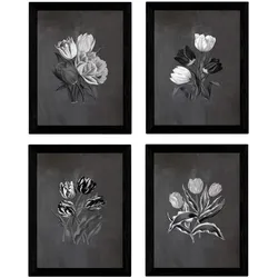 POSTER Set mit 4 Botanische Schwarz Hintergrund Tulpen A3 Rahmenlos