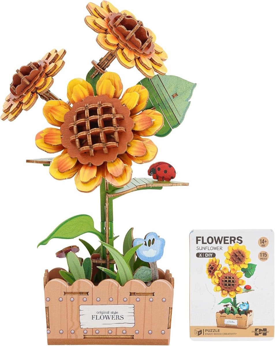 Houten 3D-puzzel zonnebloem – Doe-het-zelf modelbouwset voor kunstbloemen en woondecoratie