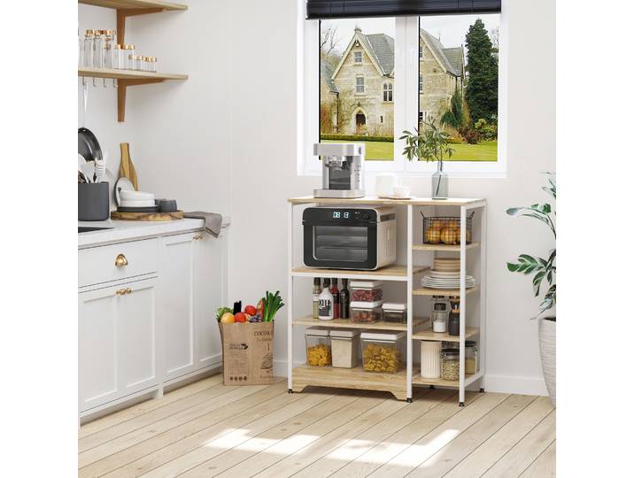 HOMCOM Étagère Cuisine Industrielle Métal Bois 7 Niveaux Blanc