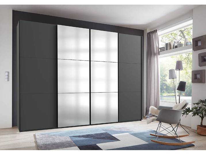 Schwebetürenschrank Level36 236 cm Typ C 300 x 236 x 65cm ohne Grau/Graphit Schwarz mit Spiegeltür/-en