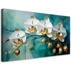WANDBILD weiße orchideen auf türkisfarbenem hintergrund