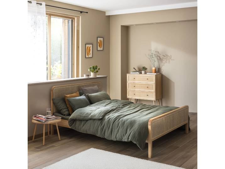 Chambre lit cannage avec commode bois naturel ANNA 140x200