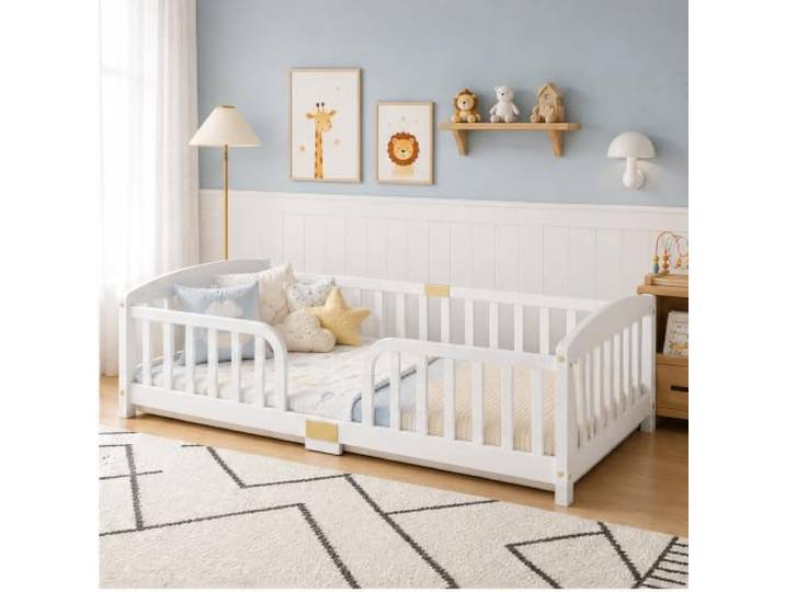 Bellemave Kinderbett Bodenbett 90x200 mit Rausfallschutz, Kiefer, Weiß Abgerundeter Rausfallschutz, zentraler Einstieg, ohne Lattenrost, belastbar 120 kg, als Floor Bed Montessori Bed
