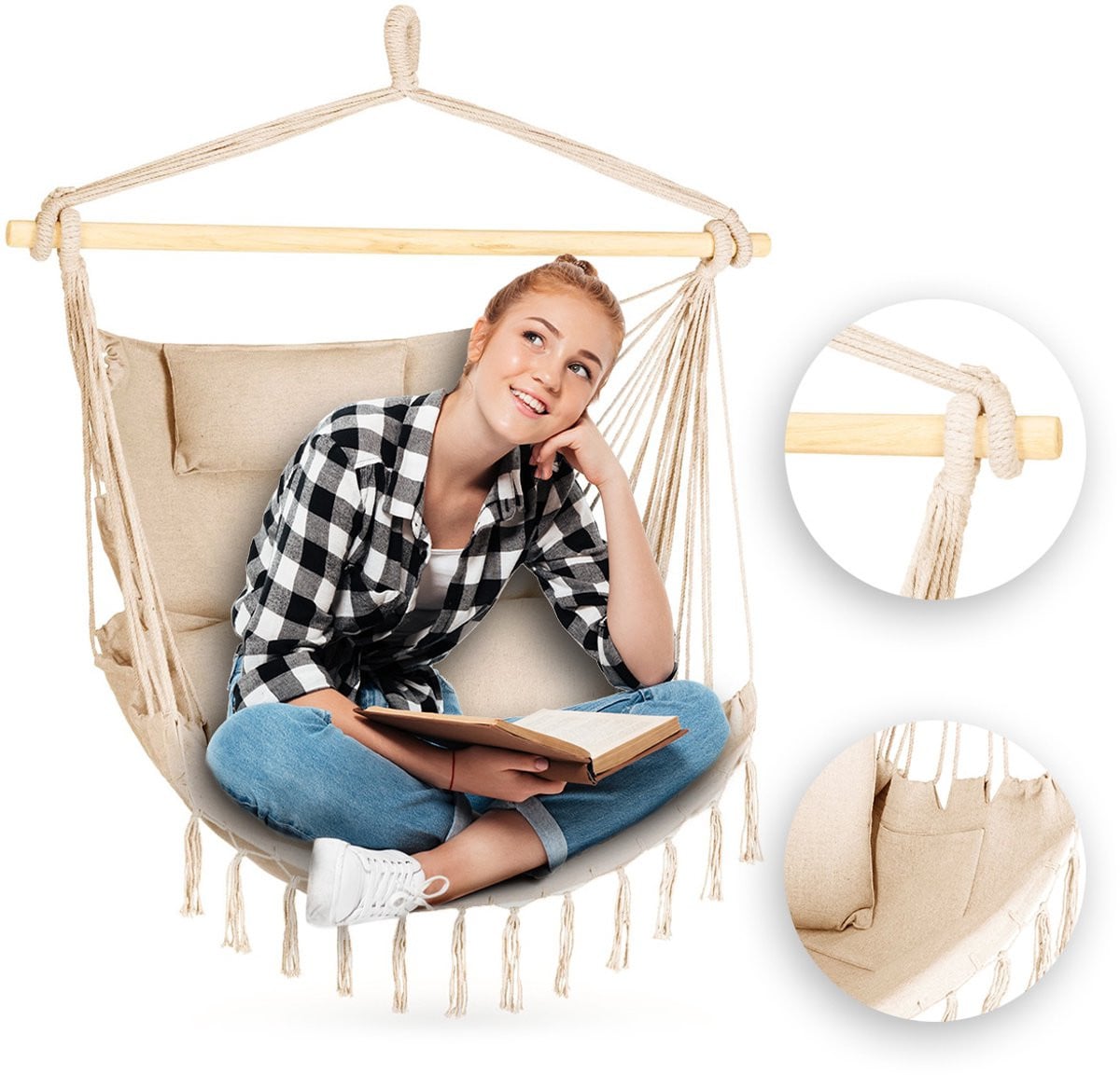 Outtec Hangstoel met 3 kussens - Boho Fringed Fauteuil - B/D/H: 100 x 130 x 75 cm