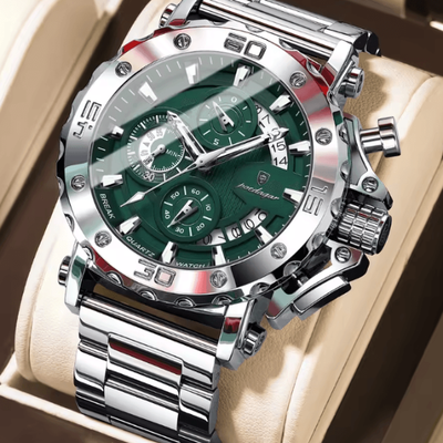 Inspire Essentials Poedagar Luxury Chronograph Watch For Men Stainless Steel Waterproof Design silver Green
