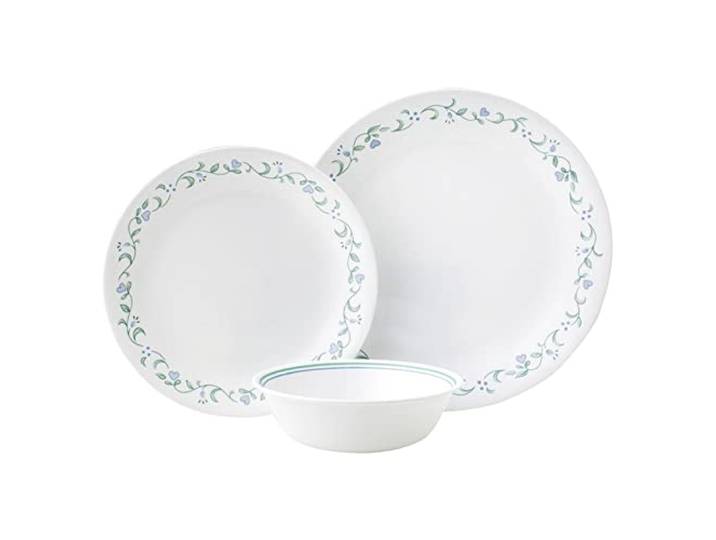 CORELLE Tafelservice 12-tlg. Country Cottage, robustes Vitrelle-Glas weiß, 4 Speiseteller, 4 Salatteller, 4 Müslischalen, backofenfest bis 175°C, mikrowellengeeignet, splitterresistent