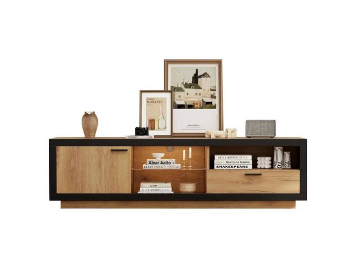 Meuble TV LED 160x40x50 cm Centre de divertissement TV Lowboard moderne avec étagères en verre console TV avec rangement noir+chêne