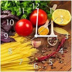Wallario Uhr 30 x 30 cm, weiße Zeiger Italienisches Menü mit Spaghetti, Tomaten, Basilikum und Gewürzen