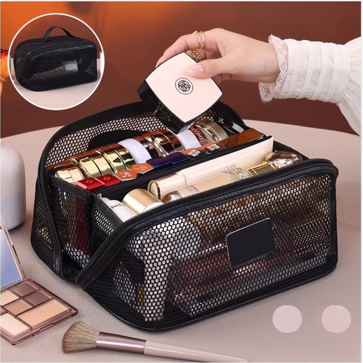 INF Trousse de toilette de voyage en maille de luxe – Légère, respirante, grande capacité, organiseur cosmétique avec fermeture Le noir