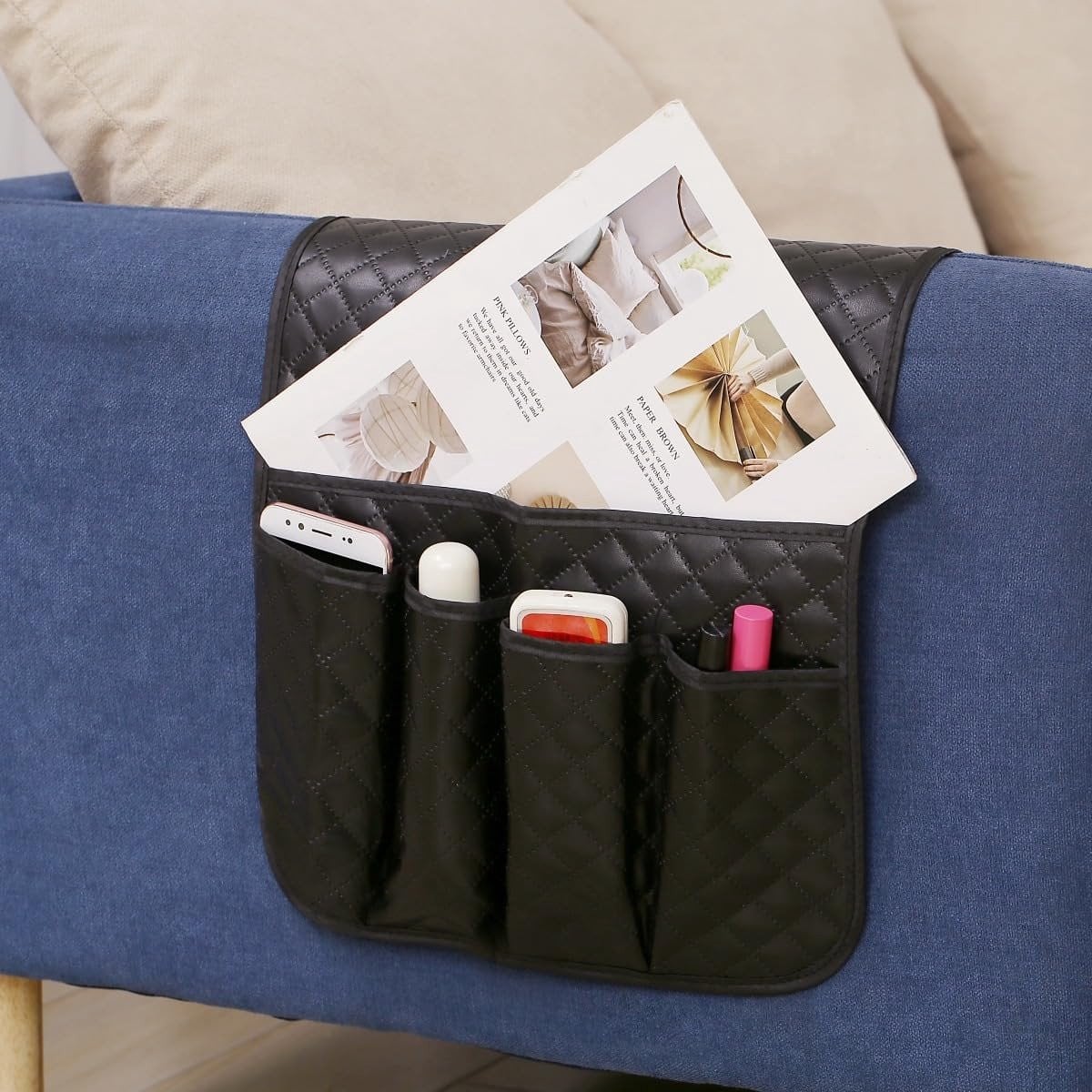 Omgoods PU Leren Sofa Armleuning Organizer met 5 Vakken voor Remote en Mobiele Telefoon