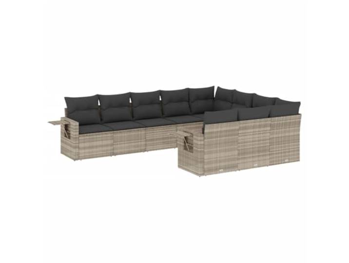 PUGYNBK Gartensofas, Kunstrattan, Hellgrau, 10 Stück Modulares Design, Aufbewahrung unter dem Sitz mit wasserdichter Tasche, klappbarer Beistelltisch, Kissen mit waschbarem Bezug