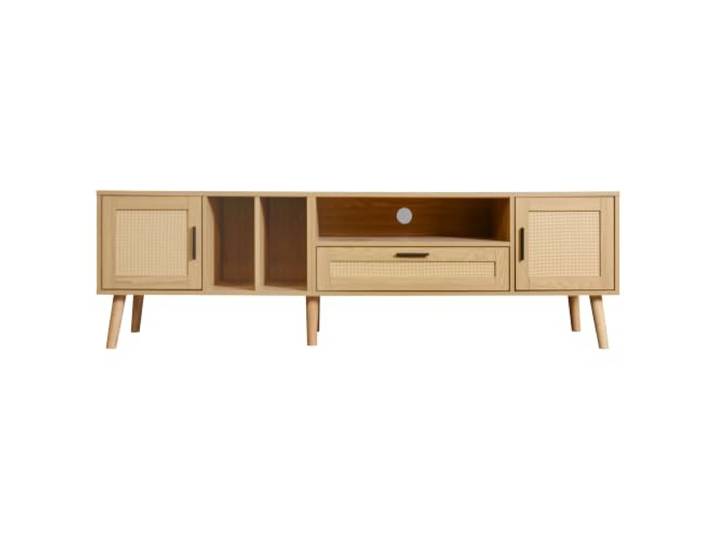 TV-Schrank 180 cm mit Rattan, 2 Türen & Schublade Kunststoff-Rattan, Massivholzsockel, 2 Schubladen, 2 Türen, verstellbare Füße, 30 kg Tragfähigkeit