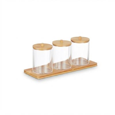 Relaxdays Wattestäbchenbehälter mit Tablett, 3 Becher m. Deckel, Kosmetik Organizer Kunststoff/Bambus, transparent/natur