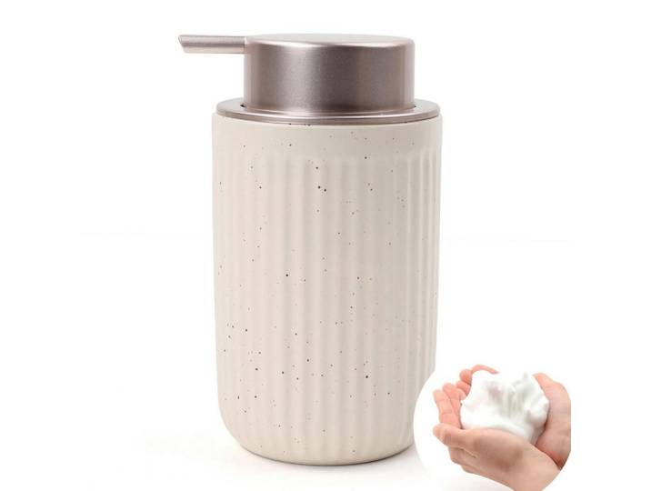 Seifenspender Keramik 350ml Streifen Beige & Rosa, 8x14x8 cm, Badaccessoires, Seifenspender