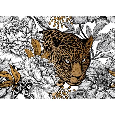 Fototapete PAPERMOON "ABSTRAKT DESIGN-LEOPARD mit Blumen", bunt, B:5m L:2,8m, Vlies, Tapeten
